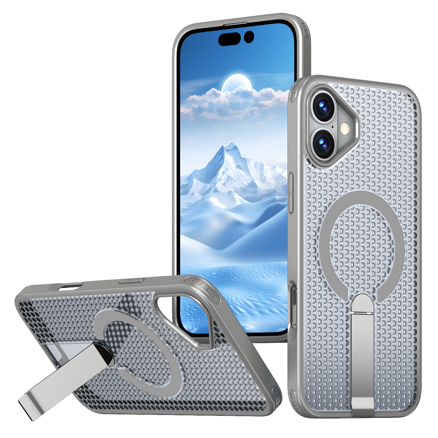 IPhone 16 Plus High Precision Rubber Coating Structure Mobile Phone Bugs CSS Case Protection Shockproof Kickstand Magnetic Metal 360 Degrees Wireless Charging Case