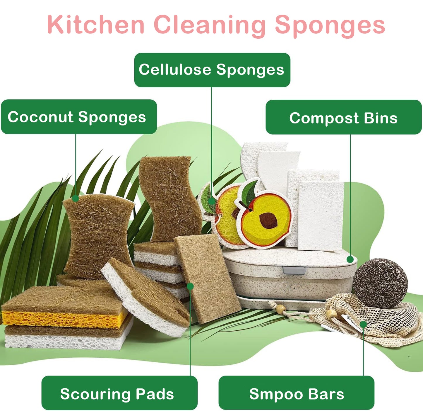 Biodegradable Eco-Friendly Kitchen Sponge Natural Compostable Cellulose Coconut Walnut Scrubber for Household Cleaning Dish High