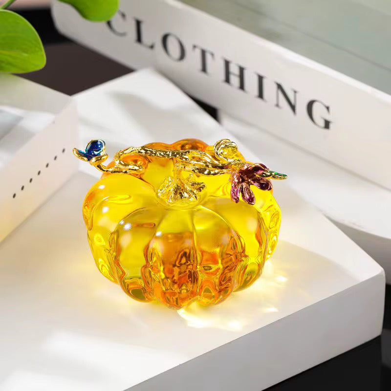 Crystal Glass Pumpkin Crafts Ornaments with Leaves Crafts Glass Pumpkin Decoration Halloween Table Figurine Simulation Autumn Harvest Gift Souvenir for Thanksgiving