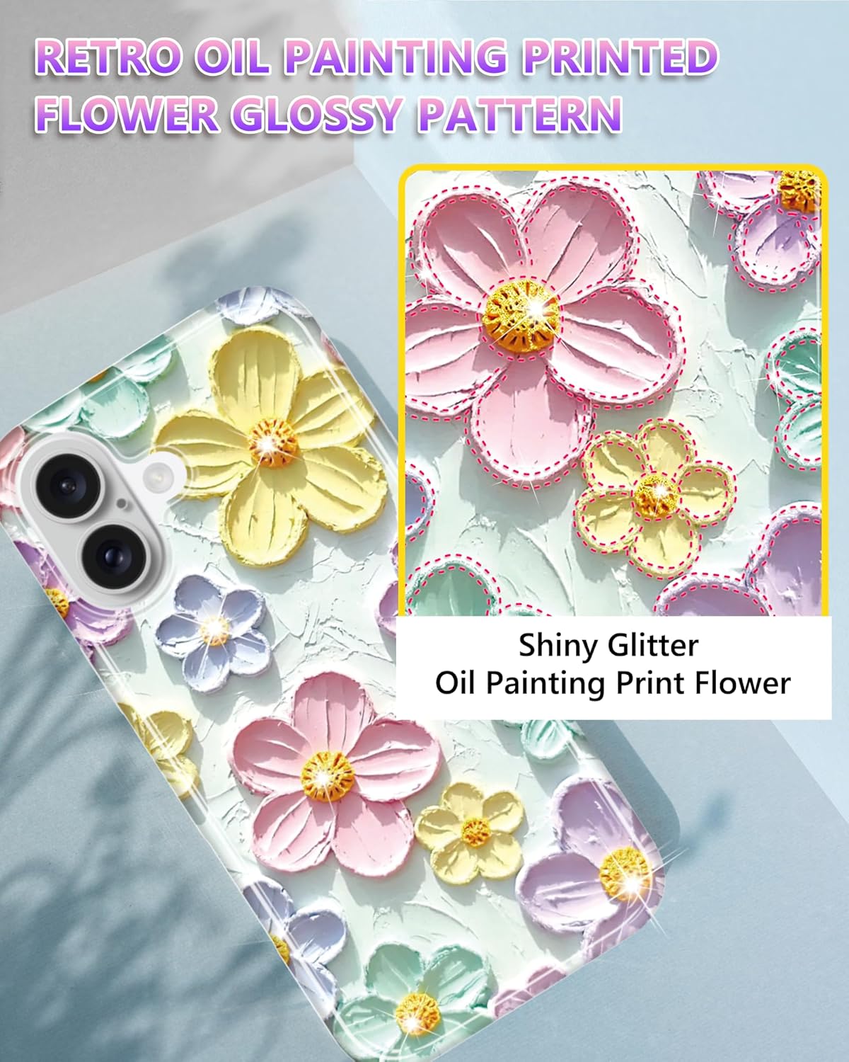 Luxury Blue Oil Painting Flower Fashion Phone case for iPhone 17, Air, Pro, Pro Max Cute Pink Floral Print Aesthetic Design Simple for Women Girly Shockproof Slim TPU Protective