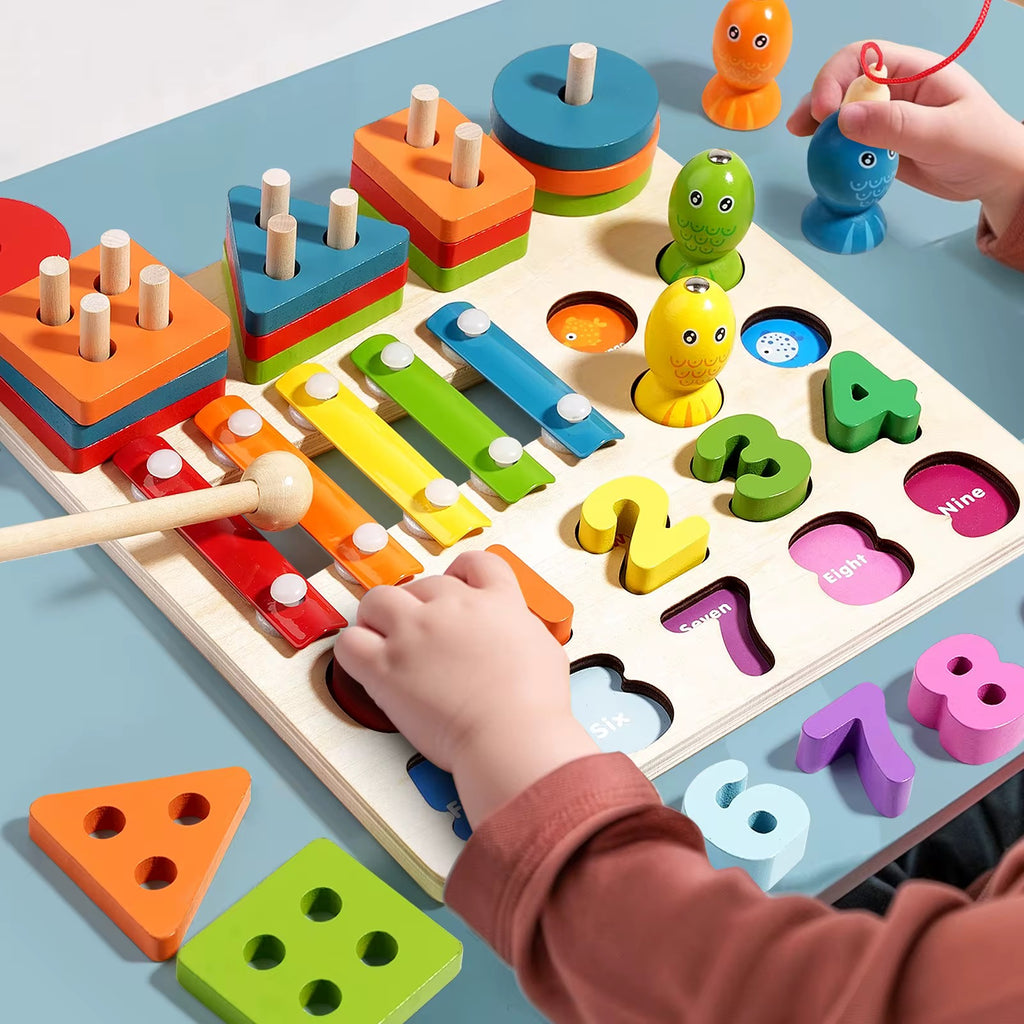 Montessori 4-in-1 Geometric Shapes Sorting & Stacking Toy – Columns Matching Blocks Set with Fishing Game, Sensory Learning, Early Education Activity Toy for Toddlers’ Intellectual Development