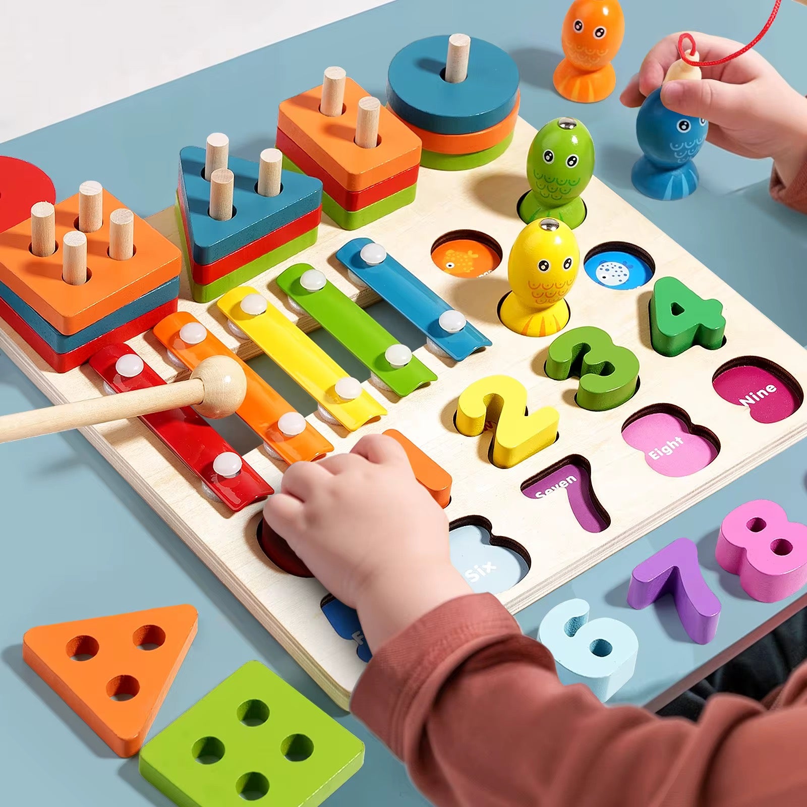 Montessori 4-in-1 Geometric Shapes Sorting & Stacking Toy – Columns Matching Blocks Set with Fishing Game, Sensory Learning, Early Education Activity Toy for Toddlers’ Intellectual Development