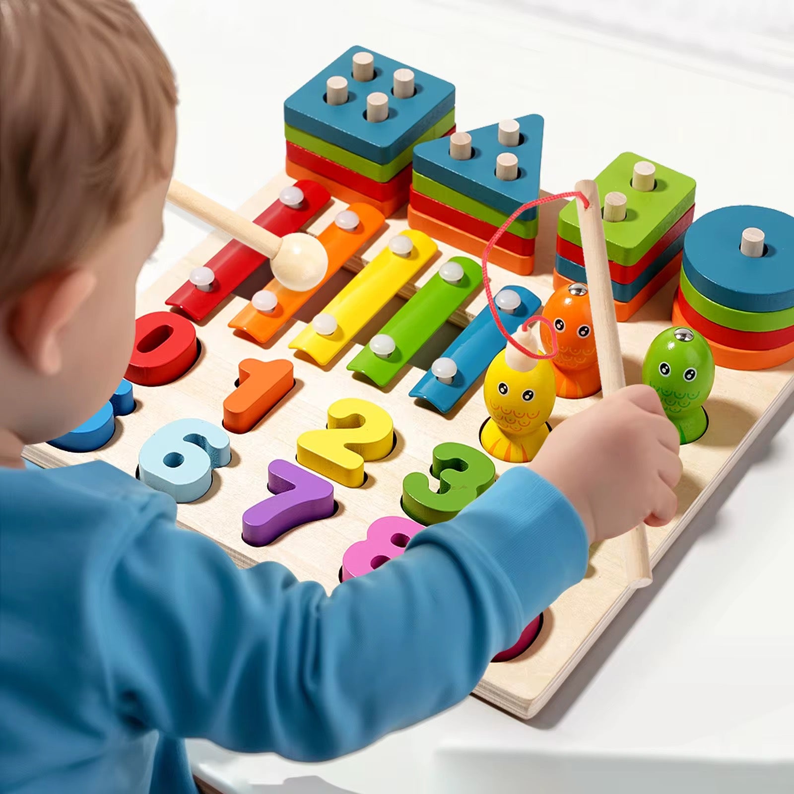 Montessori 4-in-1 Geometric Shapes Sorting & Stacking Toy – Columns Matching Blocks Set with Fishing Game, Sensory Learning, Early Education Activity Toy for Toddlers’ Intellectual Development