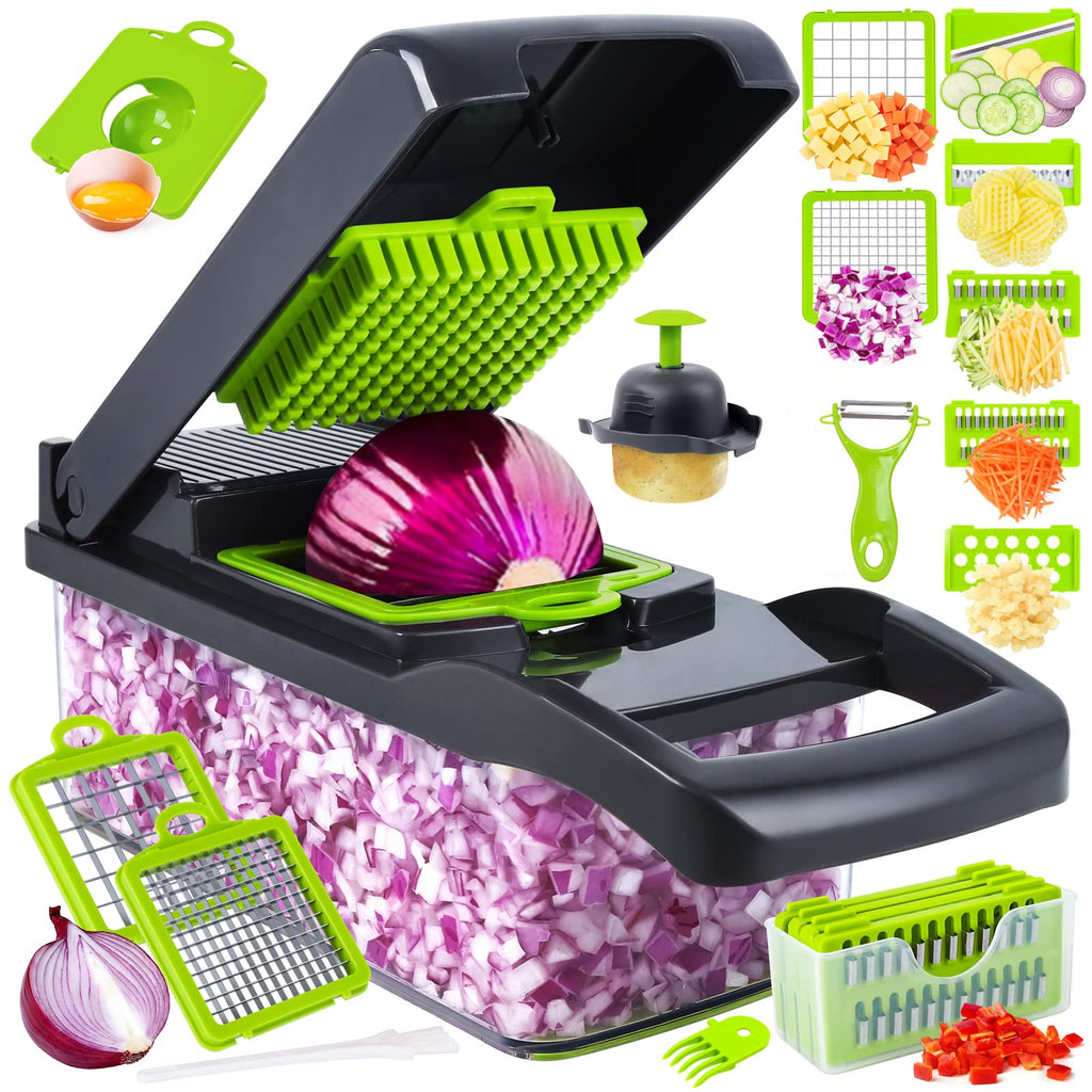 14-in-1 Ultimate Vegetable Chopper & Mandoline Slicer – Multi-Blade Food Dicer, Spiralizer, Grater & Cutter with Container – Kitchen Gadget for Fruits, Veggies, Cheese – Black & Green