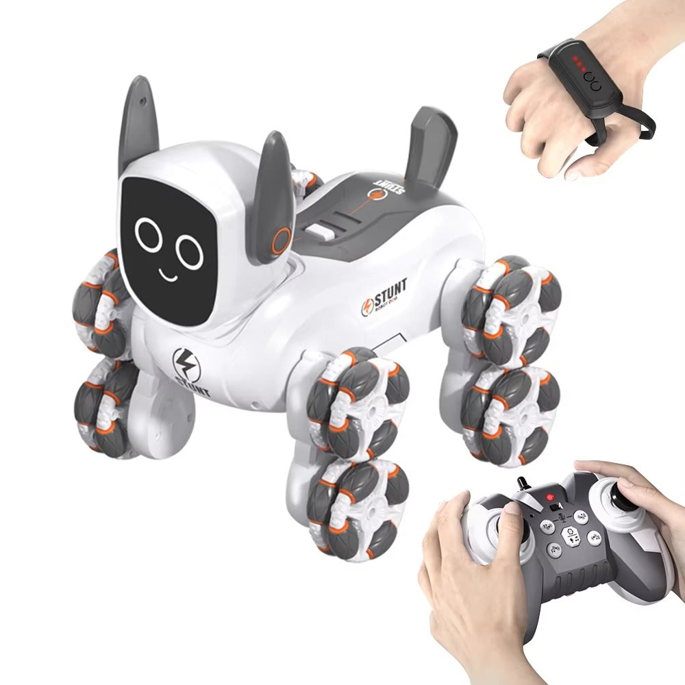 8-Wheel Robot Dog RC Toy with Gesture Control & Dual Remote, Smart Interactive Stunt Robot with LED Lights, Music & Climbing Wheels, Rechargeable STEM Toy for Kids Boys Girls