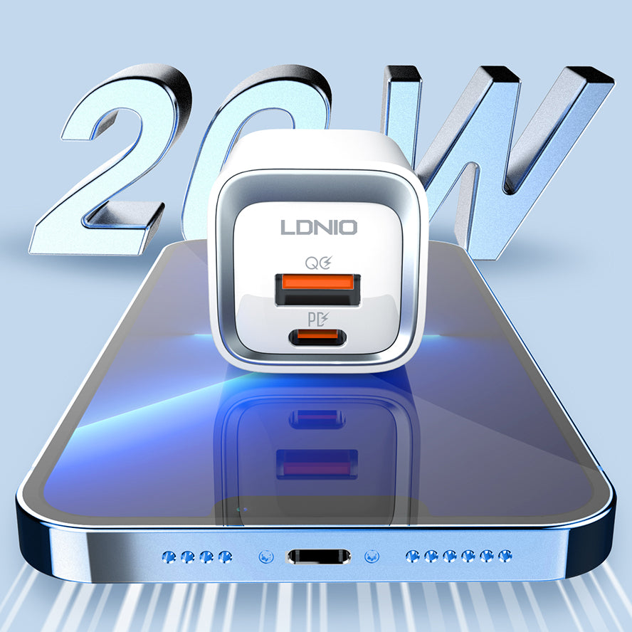LDNIO 20W Dual Port Fast Charger with PD & QC3.0 Support – White USB-C & USB-A Wall Adapte