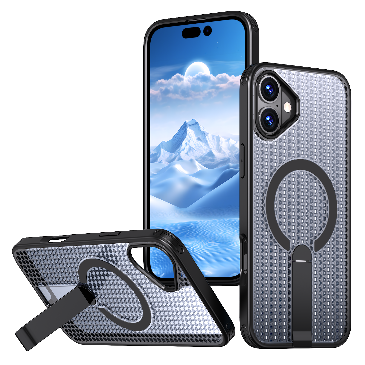 IPhone 16 Plus High Precision Rubber Coating Structure Mobile Phone Bugs CSS Case Protection Shockproof Kickstand Magnetic Metal 360 Degrees Wireless Charging Case