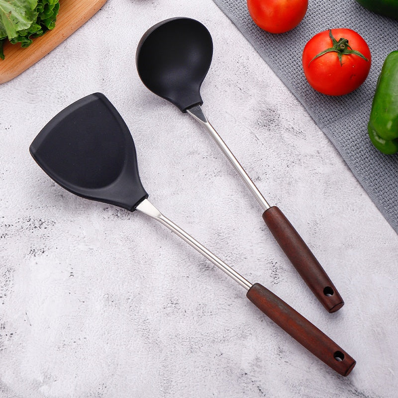 Silicone Spatula and Ladle Set - Stainless Steel Non Stick Heat-Resistant Kitchen Utensils BPA Free Cooking Utensils Cookware Wooden Handle Kitchen Utensils Set