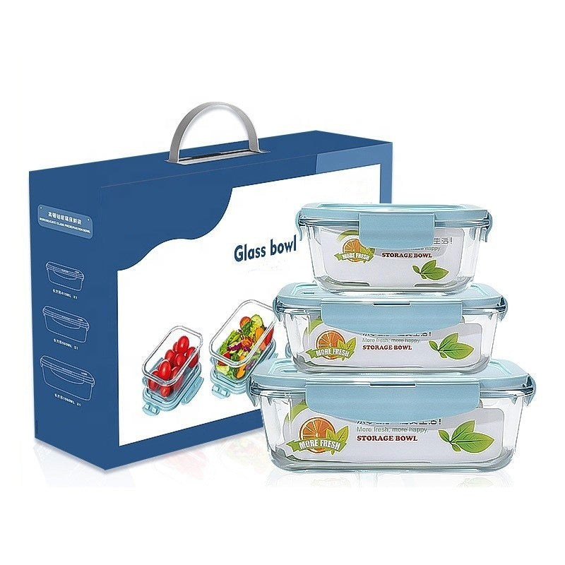 Freshkeeping bowl gift box set of three Food Grade Material Lunch Box Heat-resisting Glass Lunch Box Glassware Lunch Box for Officer and Adult