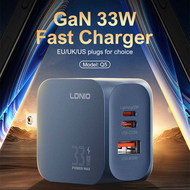 Q5 GaN 33W Fast Charger – 1×USB-C + 1×Lightning + 1×USB-A | PD / PPS / QC3.0 | US/EU/UK Plug Options