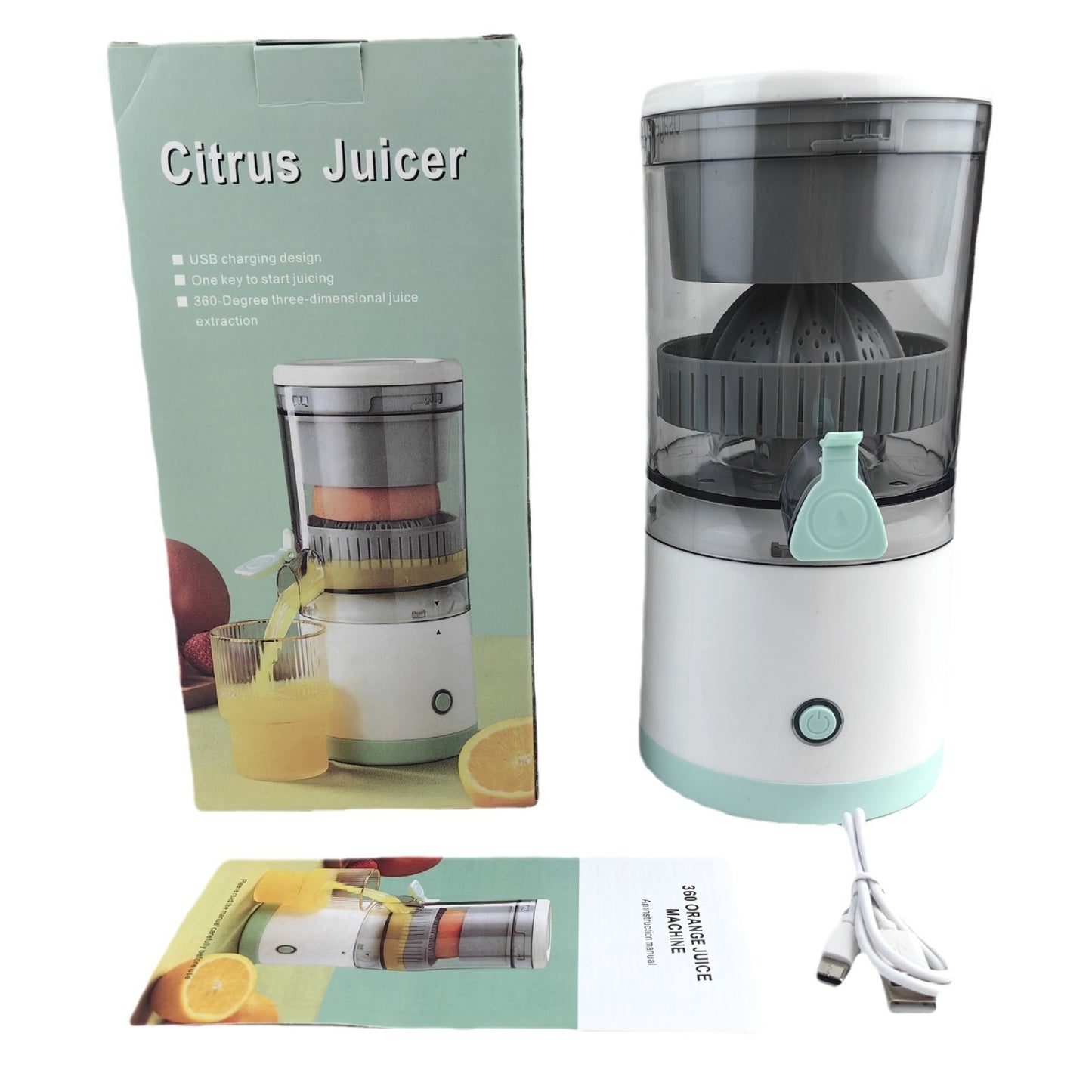 Electric Juicer Rechargeable - Citrus Machines with USB and Cleaning Brush Portable for Orange, Lemon, Grapefruit White + Green 9.4 * 4.4 * 5.4 inches