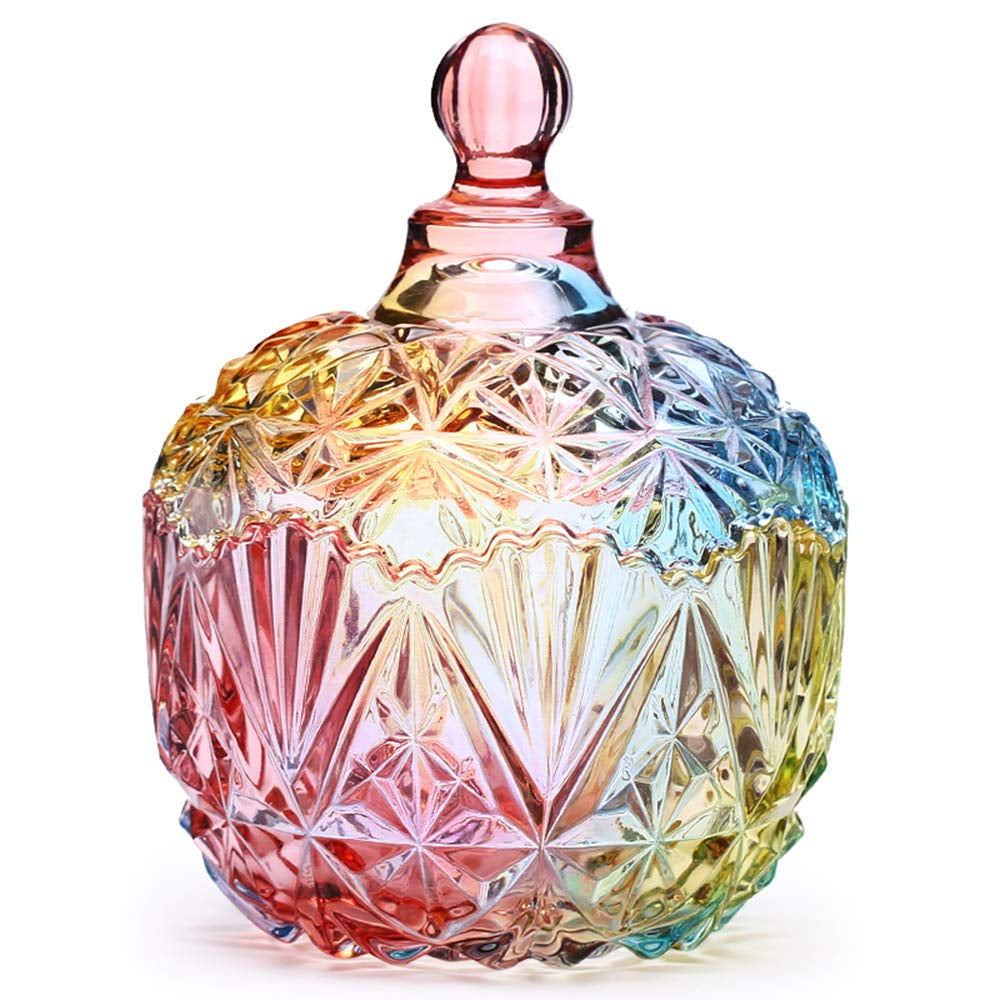 Crystal Glass Candy Dish with Lids, Cookie, Candy Jar with Lid, Rainbow Gradient Design, Large Crown Shaped, Elegant Glass Storage Jar for Buffet, Jewelry Box for Weddings, Home Decor Great Gift