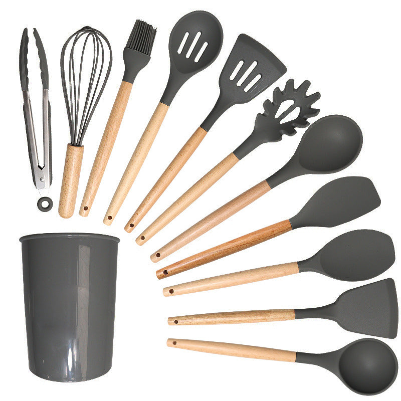 12-Piece Compact Silicone Kitchen Utensil Set With Wooden Handles & Storage Bucket– BPA-Free, Heat Resistant  Silicone cooking Tools, Non-Stick, Eco Friendly– Ideal for Small Kitchens & Gifting.