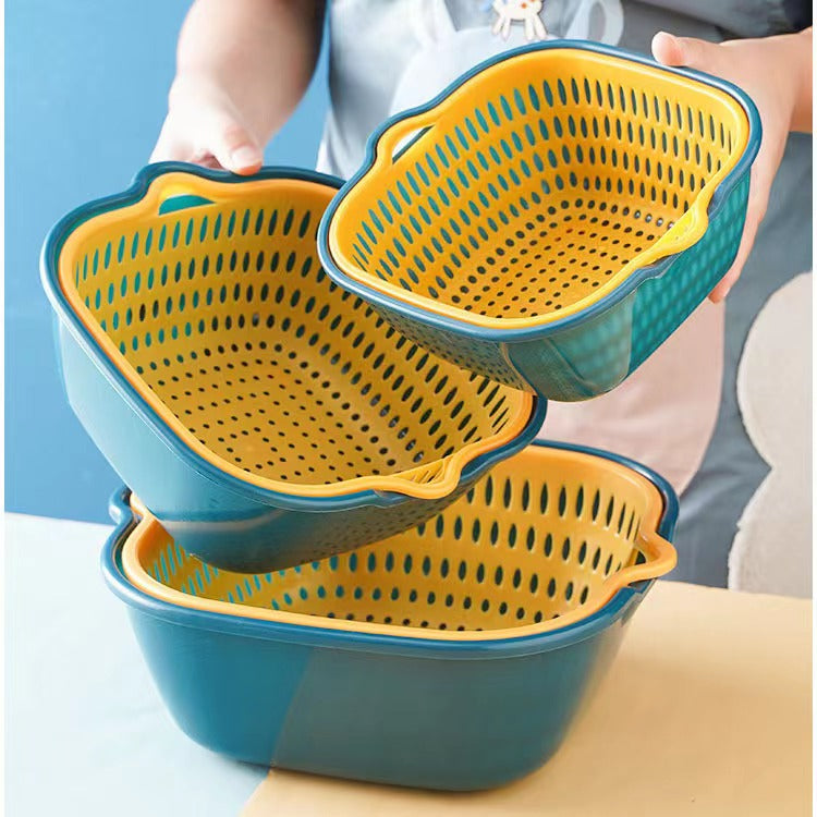 Vegetable Washing Baskets in The Kitchen Fruit Baskets Multi-layer Stackable Vegetable Sinks, Strainer and Washing Fruits and Vegetables Kitchen Colander Set (Blue Yellow)