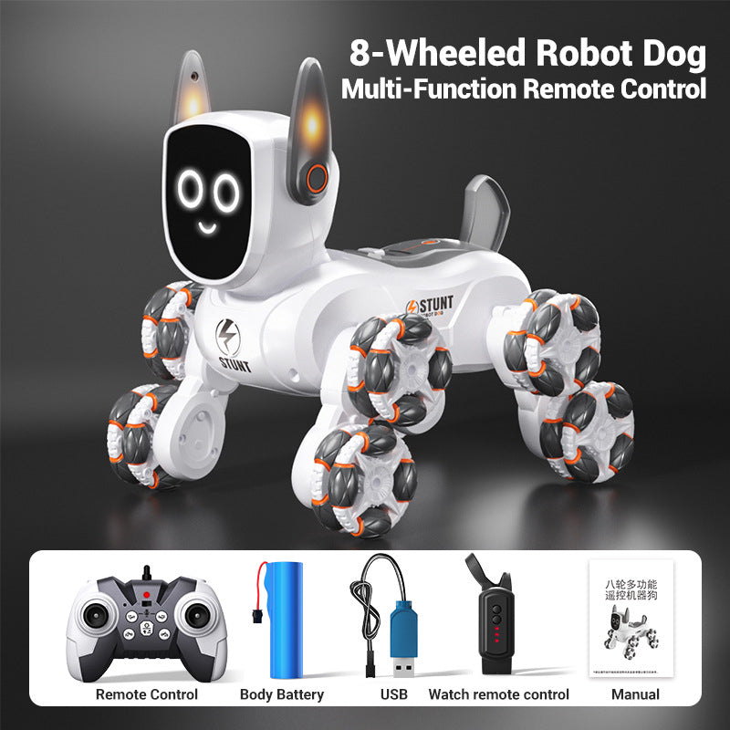 8-Wheel Robot Dog RC Toy with Gesture Control & Dual Remote, Smart Interactive Stunt Robot with LED Lights, Music & Climbing Wheels, Rechargeable STEM Toy for Kids Boys Girls