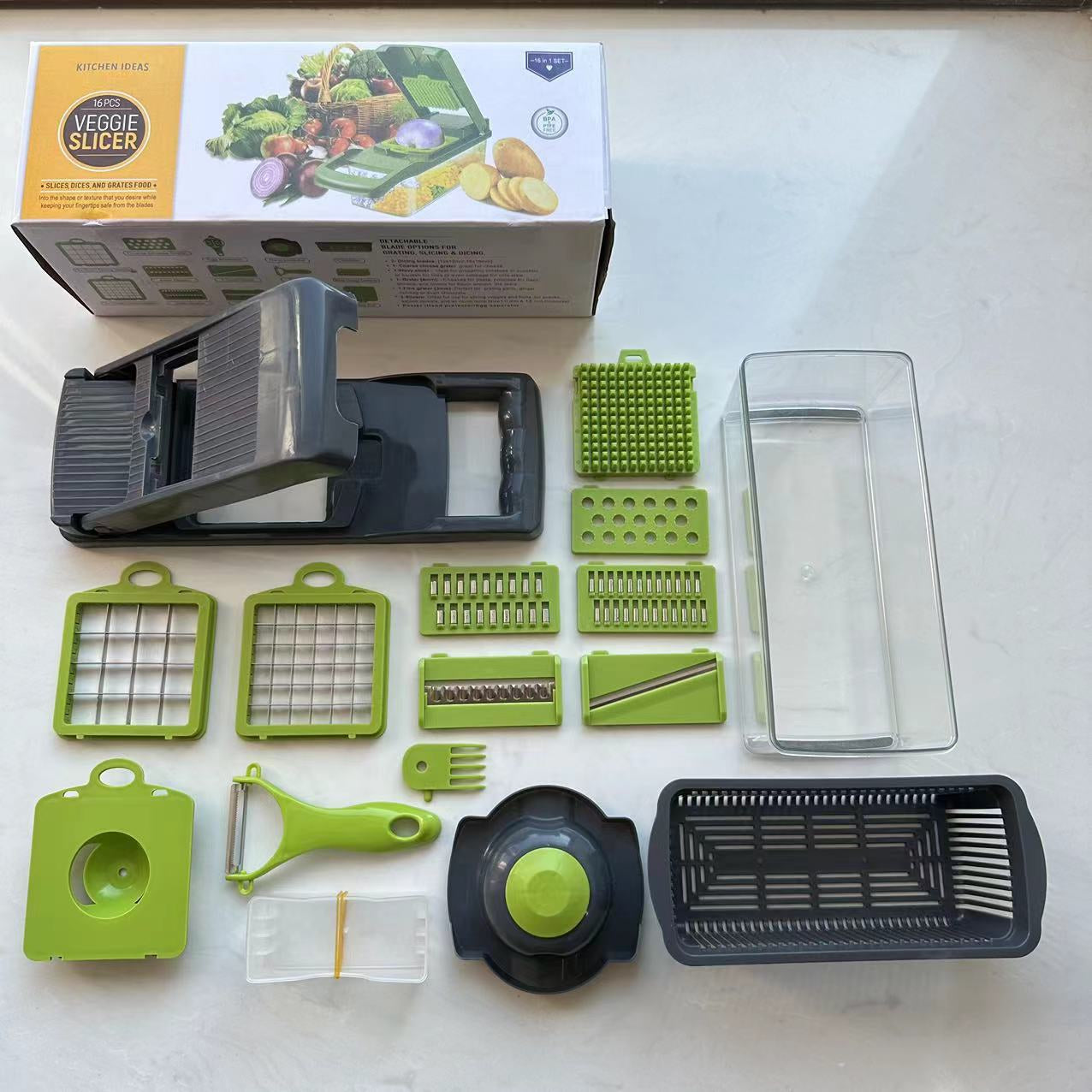 16-in-1 Ultimate Vegetable Chopper & Mandoline Slicer – Multi-Blade Food Dicer, Spiralizer, Grater & Cutter with Container – Kitchen Gadget for Fruits, Veggies, Cheese – Black & Green