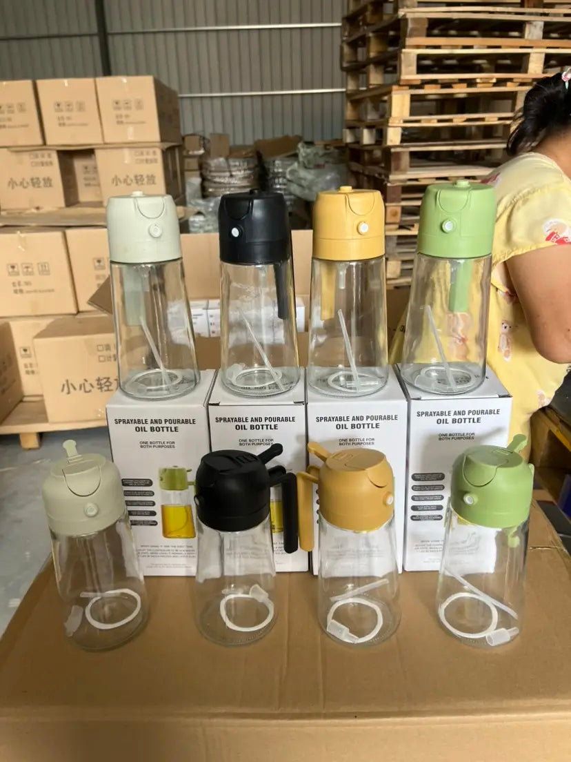 16oz/470ml Glass Olive Oil Sprayer for Cooking with Stickers, 2 in 1 Oil Dispenser for Kitchen Gadgets, Food Grade Premium Spray Bottle for Salad, Frying, BBQ (Creamy White)