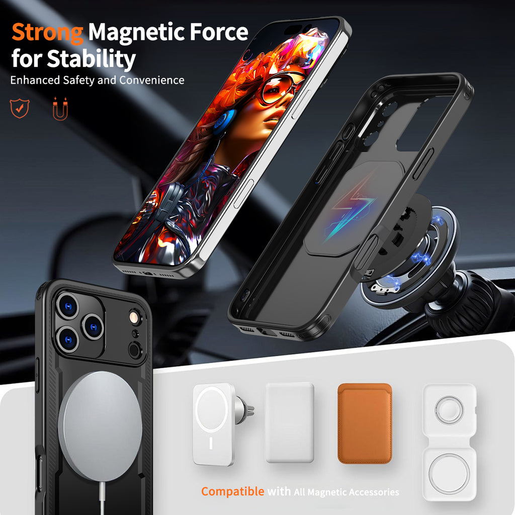 IPhone 17 Pro High Precision Rubber Coating Structure Mobile Phone Bugs CSS Case Protection Shockproof Kickstand Magnetic Metal 360 Degrees Wireless Charging Case