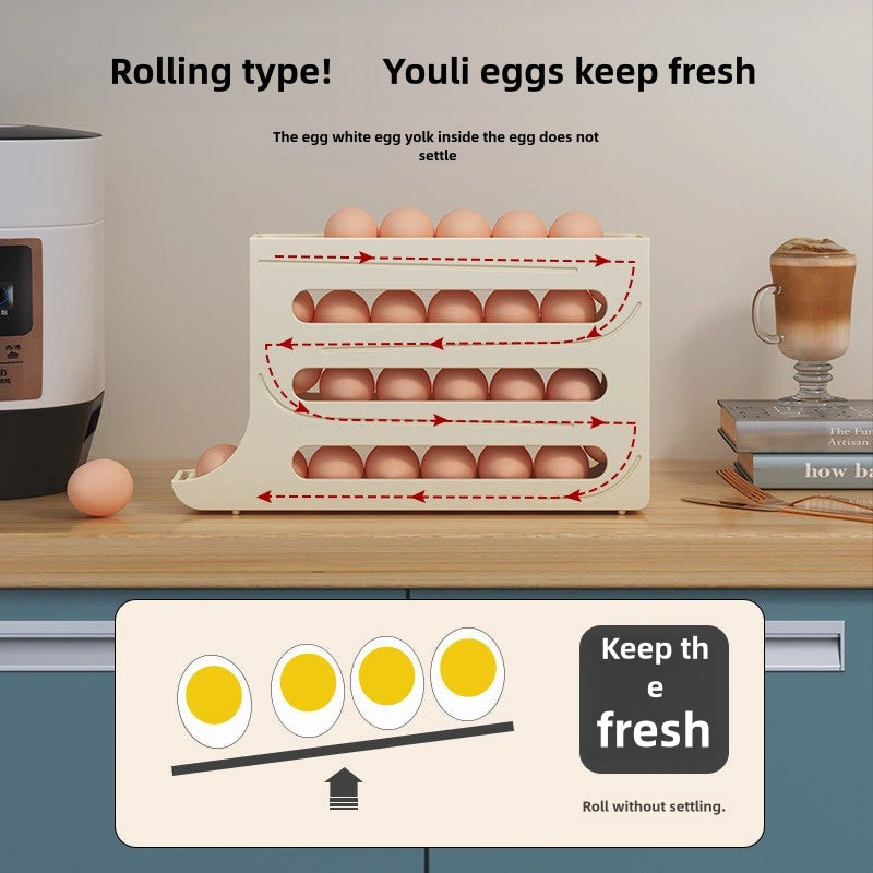 Egg Holder 4 Layers Self-acting Refrigerator Freshable 30 pcs Eggs Storage Container Box High Capacity Rolling Egg Rack Dispenser