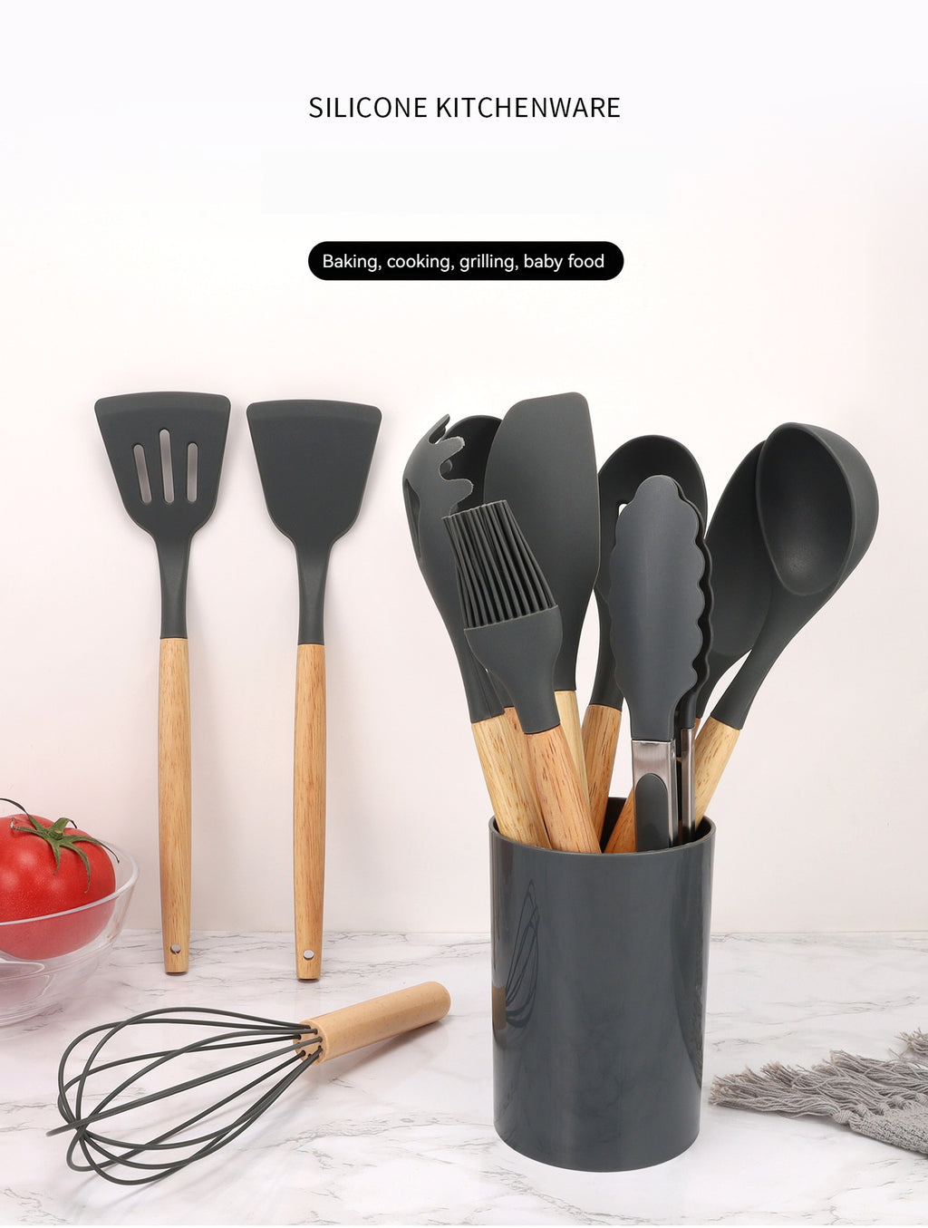 12-Piece Compact Silicone Kitchen Utensil Set With Wooden Handles & Storage Bucket– BPA-Free, Heat Resistant  Silicone cooking Tools, Non-Stick, Eco Friendly– Ideal for Small Kitchens & Gifting.