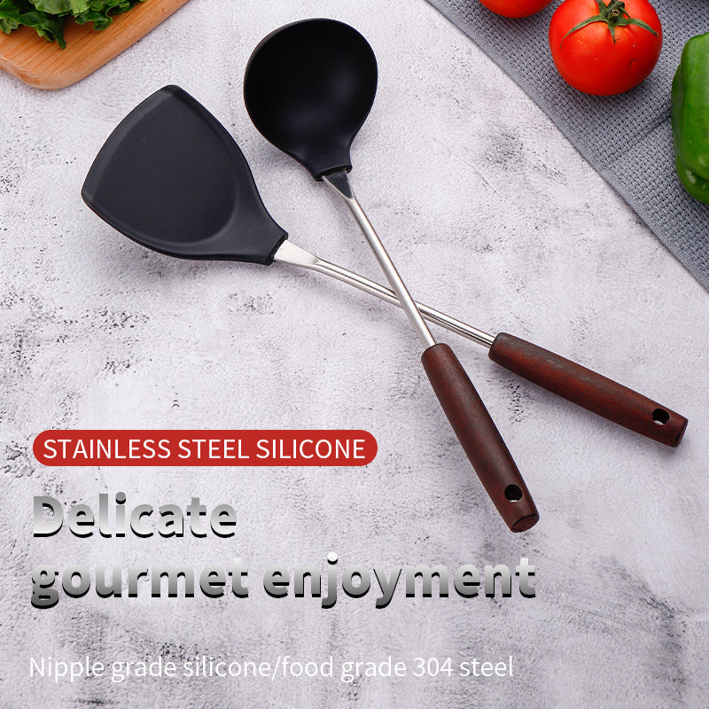 Silicone Spatula and Ladle Set - Stainless Steel Non Stick Heat-Resistant Kitchen Utensils BPA Free Cooking Utensils Cookware Wooden Handle Kitchen Utensils Set