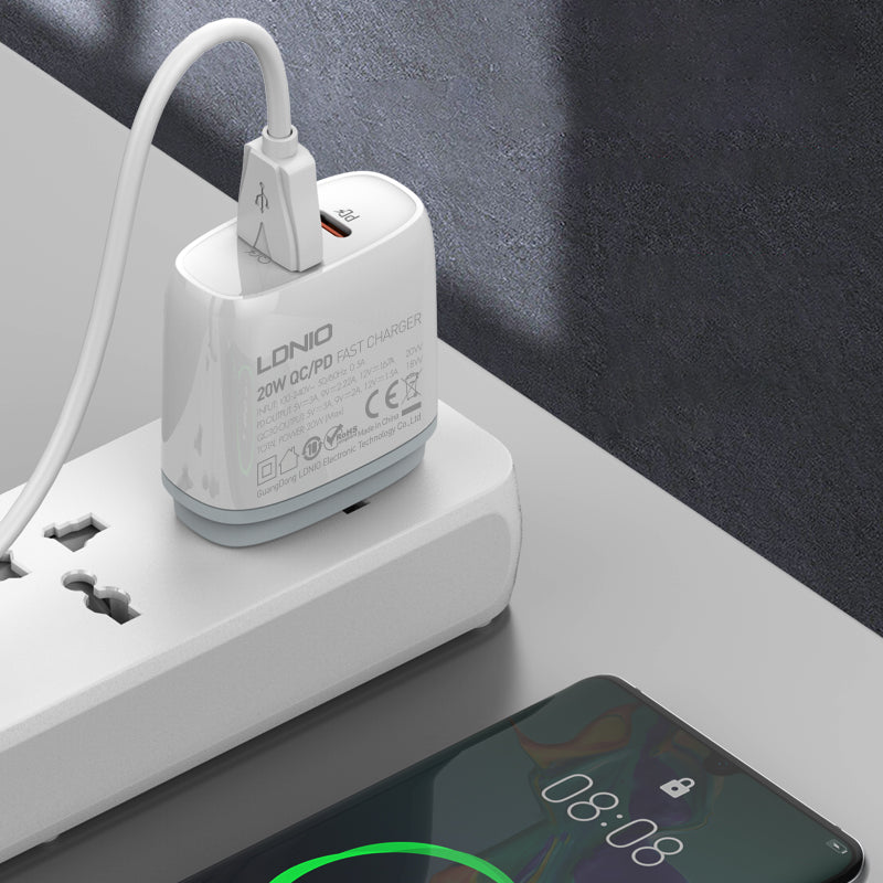 LDNIO 20W Dual Port Fast Charger PD + QC3.0 with USB-C & USB-A Outputs - Type-C/Lightning Compatible With Multiple Cable Options