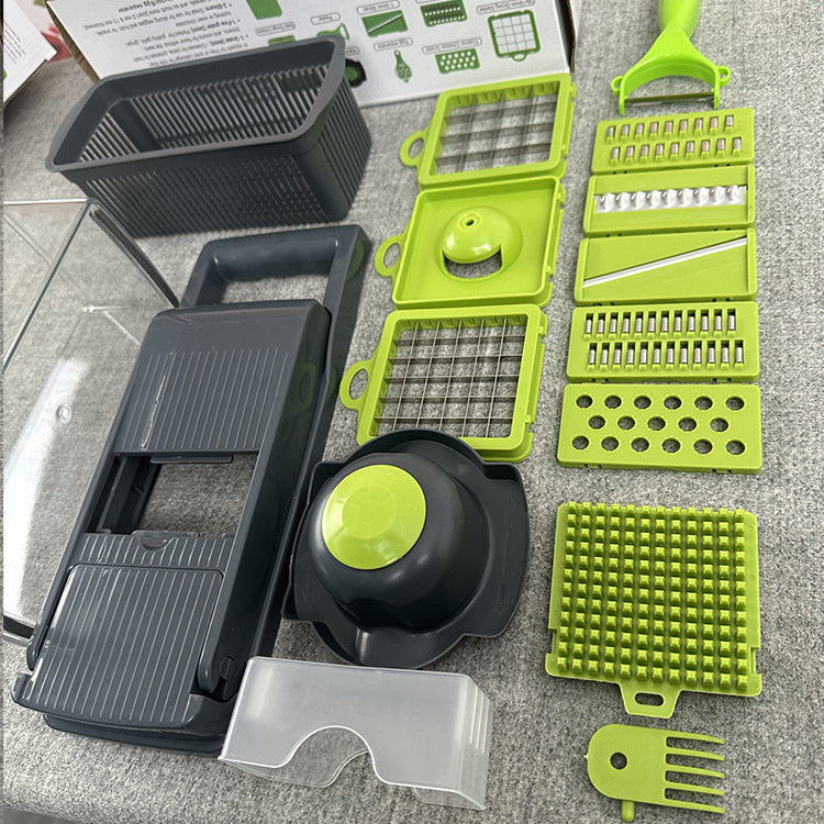 16-in-1 Ultimate Vegetable Chopper & Mandoline Slicer – Multi-Blade Food Dicer, Spiralizer, Grater & Cutter with Container – Kitchen Gadget for Fruits, Veggies, Cheese – Black & Green