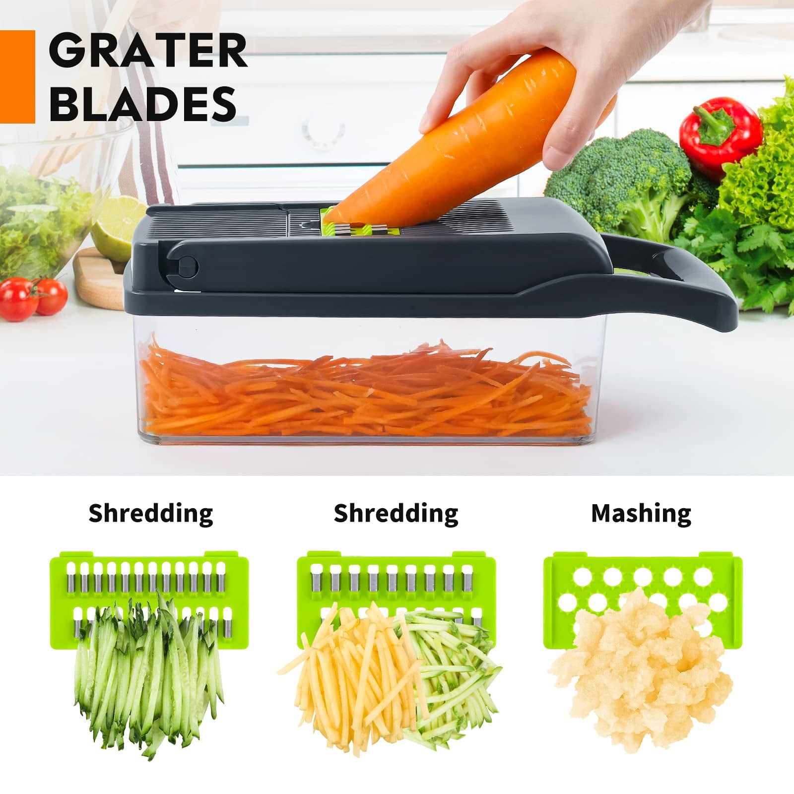 14-in-1 Ultimate Vegetable Chopper & Mandoline Slicer – Multi-Blade Food Dicer, Spiralizer, Grater & Cutter with Container – Kitchen Gadget for Fruits, Veggies, Cheese – Black & Green
