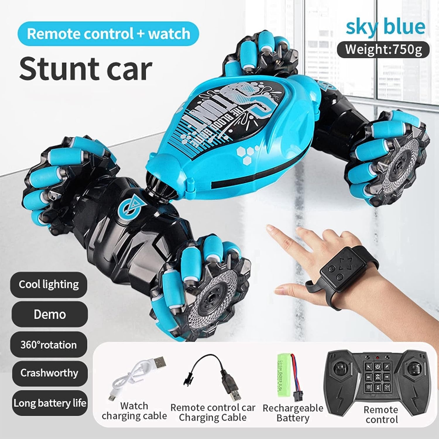 Remote Control Car for Kids, Gesture Sensing RC Stunt Car 4WD, 360° Rotating Transform Off-Road Twister Car, 2.4GHz Hand-Controlled RC Car with Lights & Drift Action for Boys & Girls