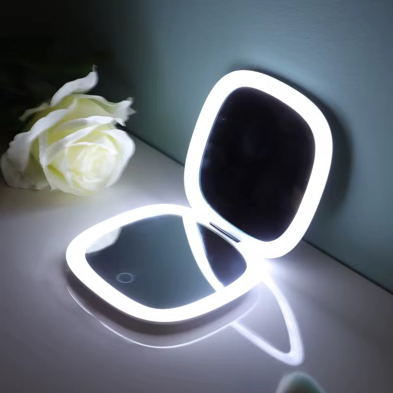 LumiÉlan™ DualGlow Compact Mirror – Precision Meets Elegance LED Makeup Mirror Light Double-Sided Folding Square Pocket Portable