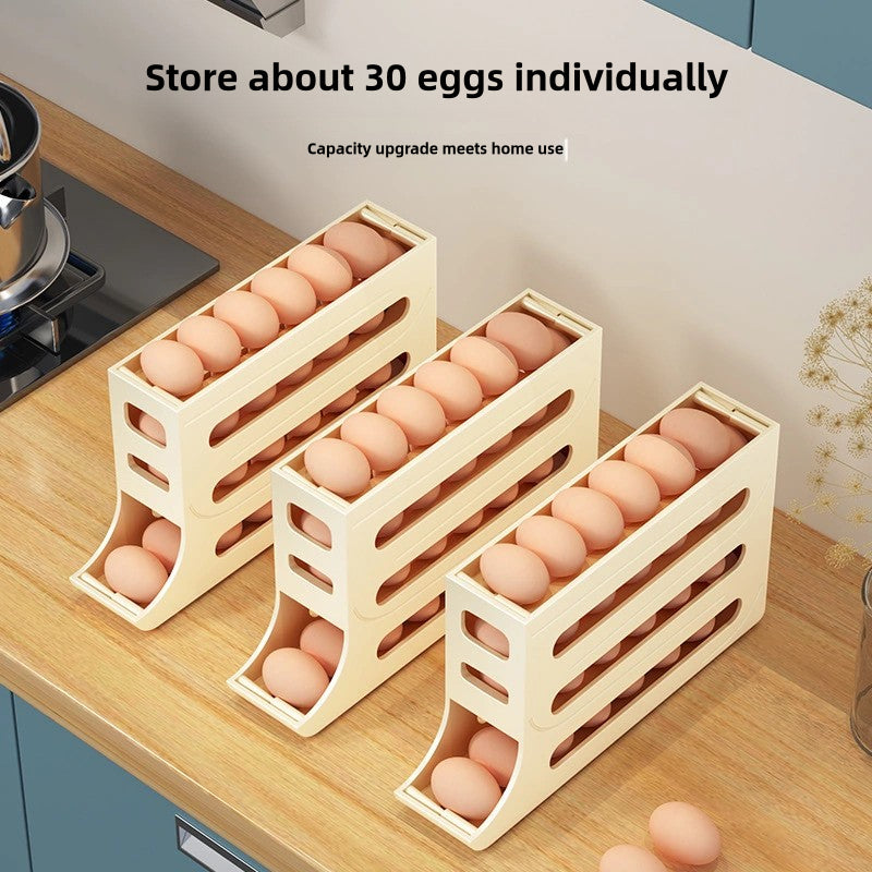Egg Holder 4 Layers Self-acting Refrigerator Freshable 30 pcs Eggs Storage Container Box High Capacity Rolling Egg Rack Dispenser