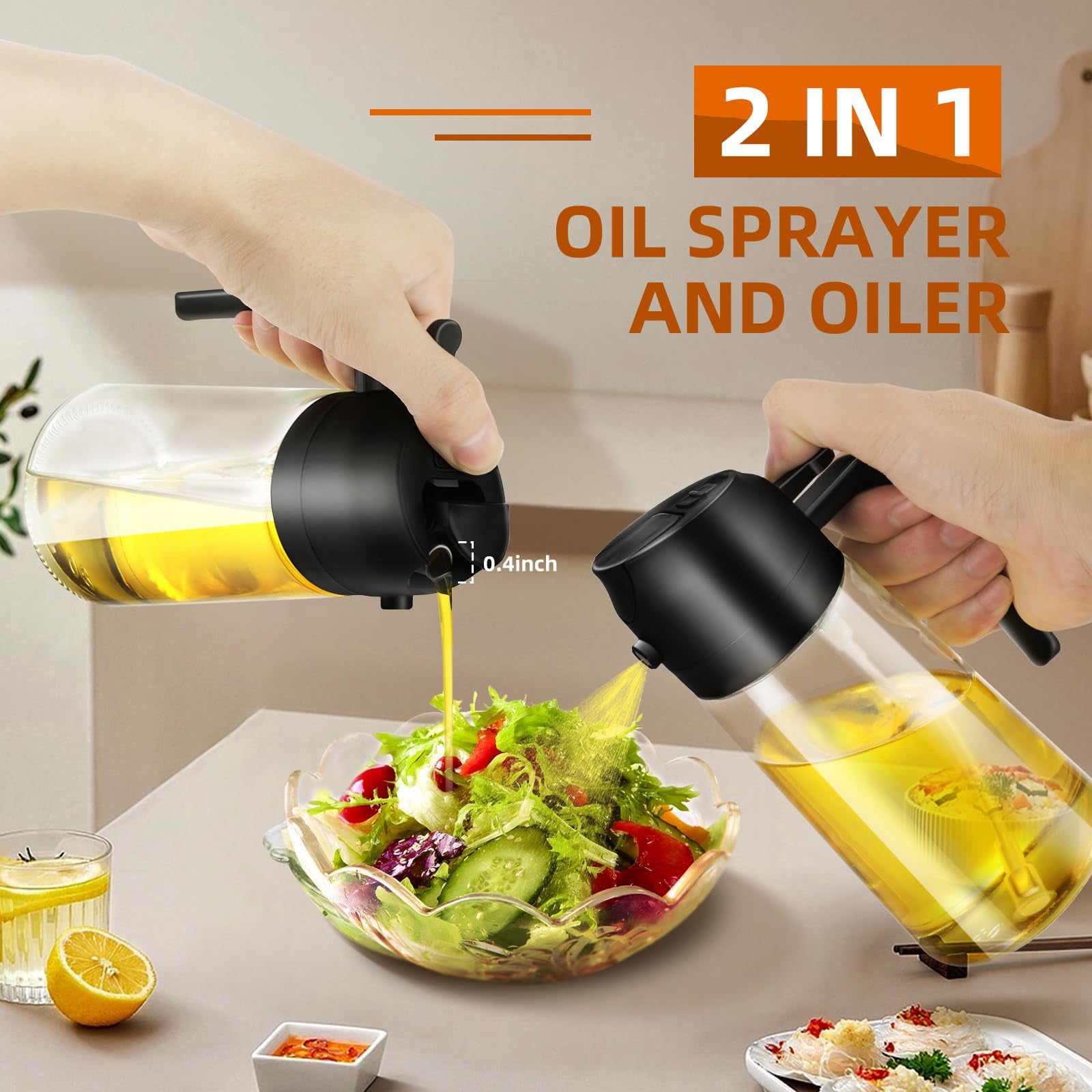 16oz/470ml Glass Olive Oil Sprayer for Cooking with Stickers, 2 in 1 Oil Dispenser for Kitchen Gadgets, Food Grade Premium Spray Bottle for Salad, Frying, BBQ (Creamy White)