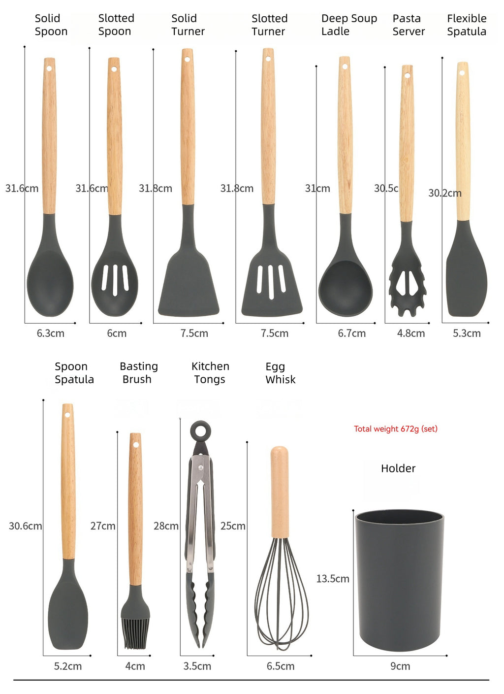 12-Piece Compact Silicone Kitchen Utensil Set With Wooden Handles & Storage Bucket– BPA-Free, Heat Resistant  Silicone cooking Tools, Non-Stick, Eco Friendly– Ideal for Small Kitchens & Gifting.