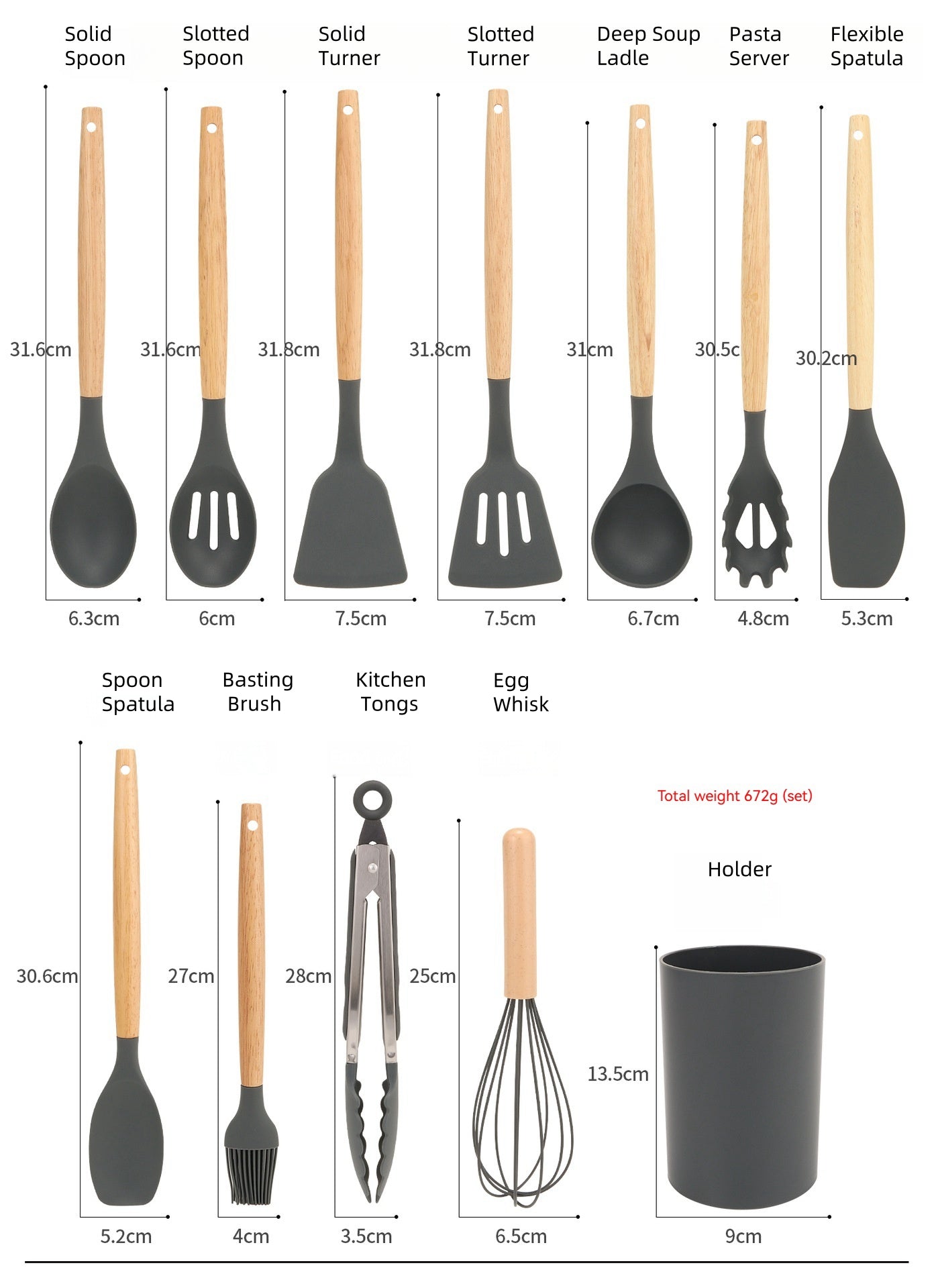 12-Piece Compact Silicone Kitchen Utensil Set With Wooden Handles & Storage Bucket– BPA-Free, Heat Resistant  Silicone cooking Tools, Non-Stick, Eco Friendly– Ideal for Small Kitchens & Gifting.
