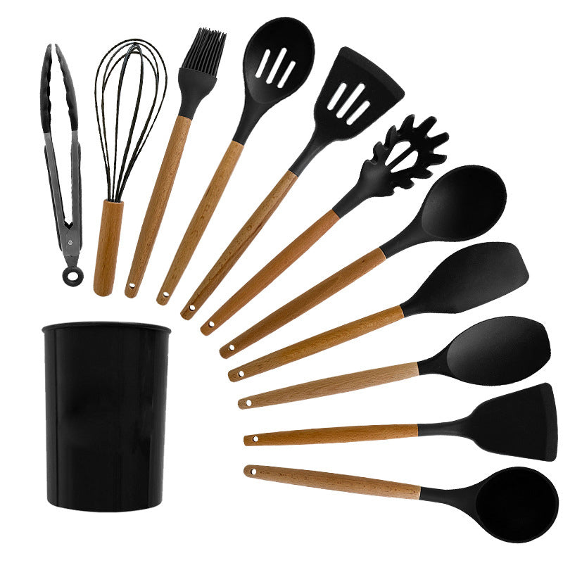 12-Piece Compact Silicone Kitchen Utensil Set With Wooden Handles & Storage Bucket– BPA-Free, Heat Resistant  Silicone cooking Tools, Non-Stick, Eco Friendly– Ideal for Small Kitchens & Gifting.