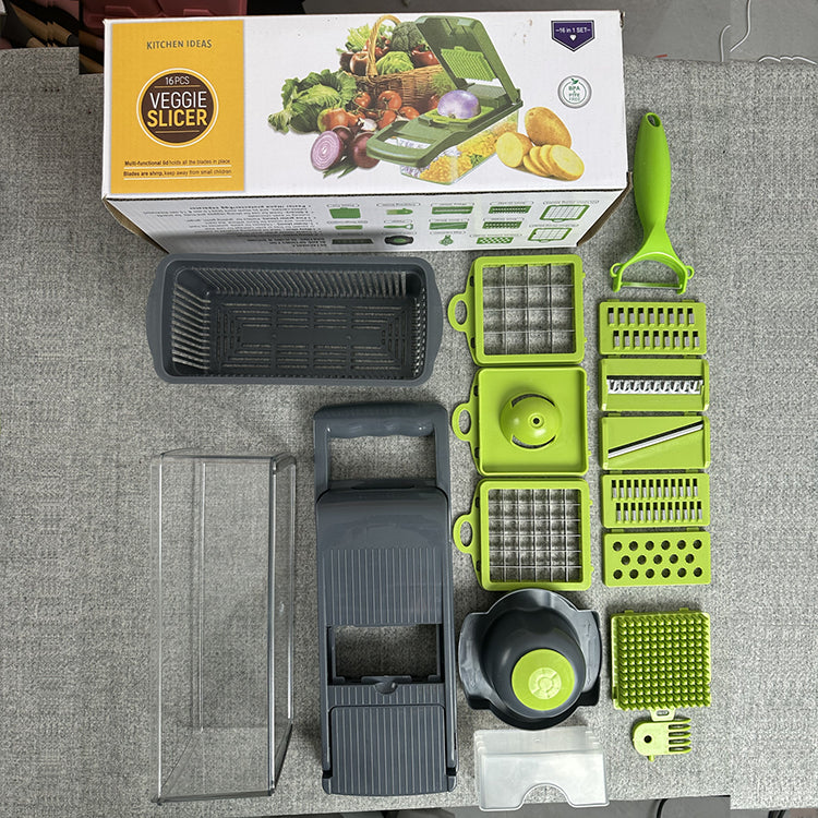 16-in-1 Ultimate Vegetable Chopper & Mandoline Slicer – Multi-Blade Food Dicer, Spiralizer, Grater & Cutter with Container – Kitchen Gadget for Fruits, Veggies, Cheese – Black & Green