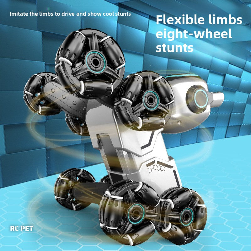 RC Robot Dog Toy for Kids, 8-Wheel Smart Stunt Robot with Gesture Control & Remote, Climbing Transforming Robot Car with LED Lights, Interactive Walking Dancing Pet Toy for Boys & Girls