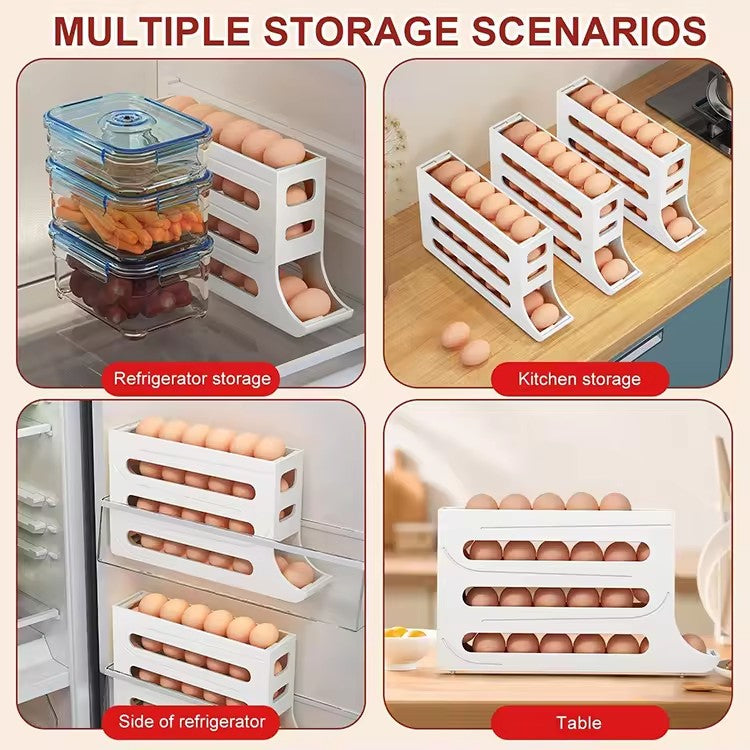 Egg Holder 4 Layers Self-acting Refrigerator Freshable 30 pcs Eggs Storage Container Box High Capacity Rolling Egg Rack Dispenser