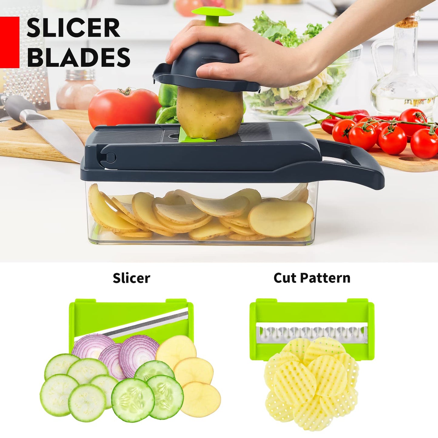 16-in-1 Ultimate Vegetable Chopper & Mandoline Slicer – Multi-Blade Food Dicer, Spiralizer, Grater & Cutter with Container – Kitchen Gadget for Fruits, Veggies, Cheese – Black & Green