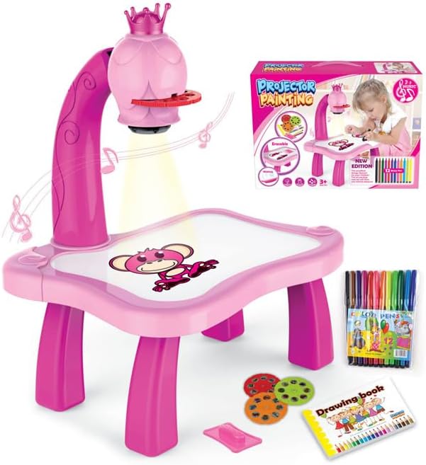Lighting Educational Drawing Projector Painting Table for Kids Magnetic Writing & Drawing Kits for Kids Ages 3-8 with Music Pencils Crayons Scrapbook Sticker Book Unicorn Stickers Perfect Toys
