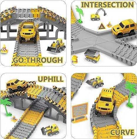 Multi-Functional Construction Race Track for Kids Toys, 2 Racing Cars, 4 Construction Cars, 1 Map and Flexible DIY Track Set, Build Engineering Road Game Toy Gift for Little Boys and Girls Ages 3+