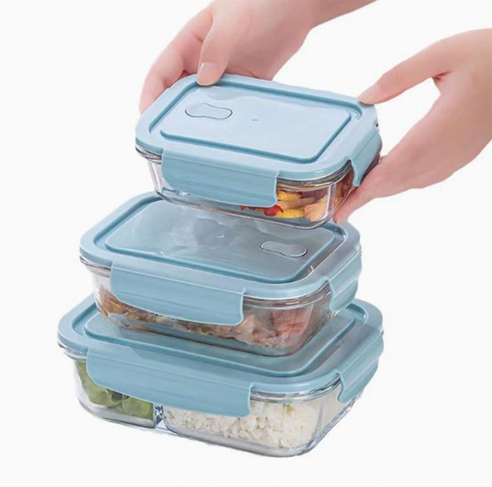 3-Pack Borosilicate Glass Eco-friendly Food Storage Containers with Lids Microwavable Heatable, Stackable Airtight Glass Meal Prep Containers for Lunch & Leftover, BPA-Free, for Oven, Refrigerator