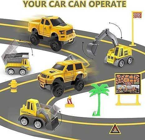 Multi-Functional Construction Race Track for Kids Toys, 2 Racing Cars, 4 Construction Cars, 1 Map and Flexible DIY Track Set, Build Engineering Road Game Toy Gift for Little Boys and Girls Ages 3+
