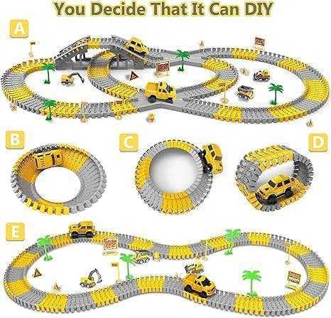 Multi-Functional Construction Race Track for Kids Toys, 2 Racing Cars, 4 Construction Cars, 1 Map and Flexible DIY Track Set, Build Engineering Road Game Toy Gift for Little Boys and Girls Ages 3+