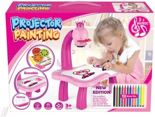 Lighting Educational Drawing Projector Painting Table for Kids Magnetic Writing & Drawing Kits for Kids Ages 3-8 with Music Pencils Crayons Scrapbook Sticker Book Unicorn Stickers Perfect Toys