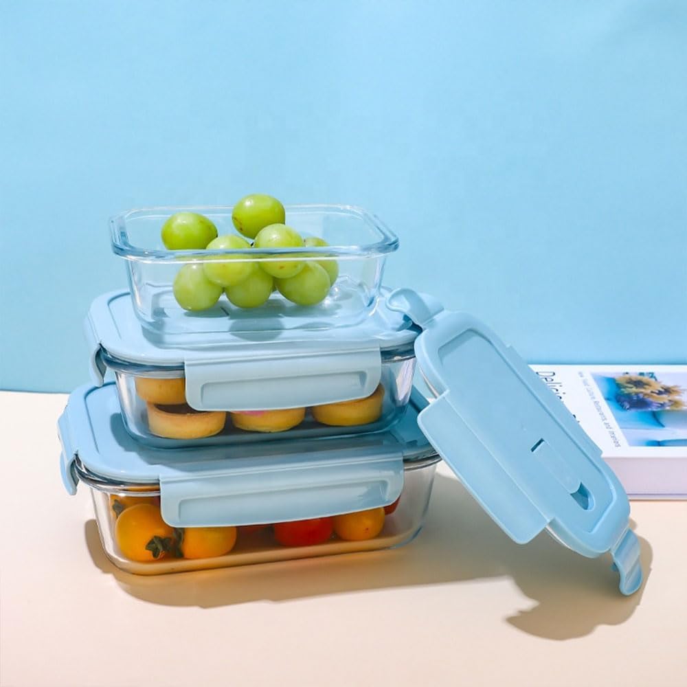 3-Pack Borosilicate Glass Eco-friendly Food Storage Containers with Lids Microwavable Heatable, Stackable Airtight Glass Meal Prep Containers for Lunch & Leftover, BPA-Free, for Oven, Refrigerator