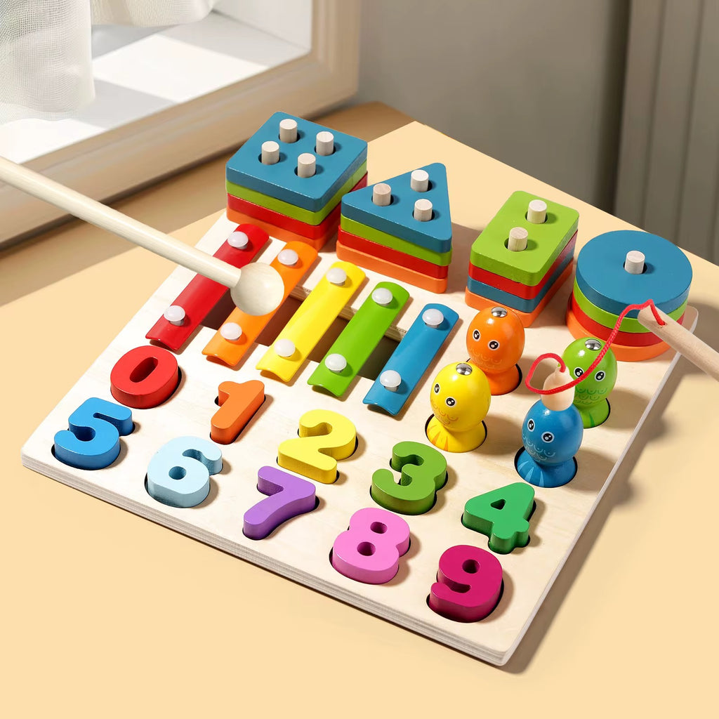 Montessori 4-in-1 Geometric Shapes Sorting & Stacking Toy – Columns Matching Blocks Set with Fishing Game, Sensory Learning, Early Education Activity Toy for Toddlers’ Intellectual Development