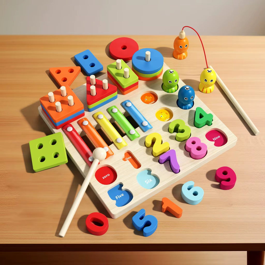 Montessori 4-in-1 Geometric Shapes Sorting & Stacking Toy – Columns Matching Blocks Set with Fishing Game, Sensory Learning, Early Education Activity Toy for Toddlers’ Intellectual Development