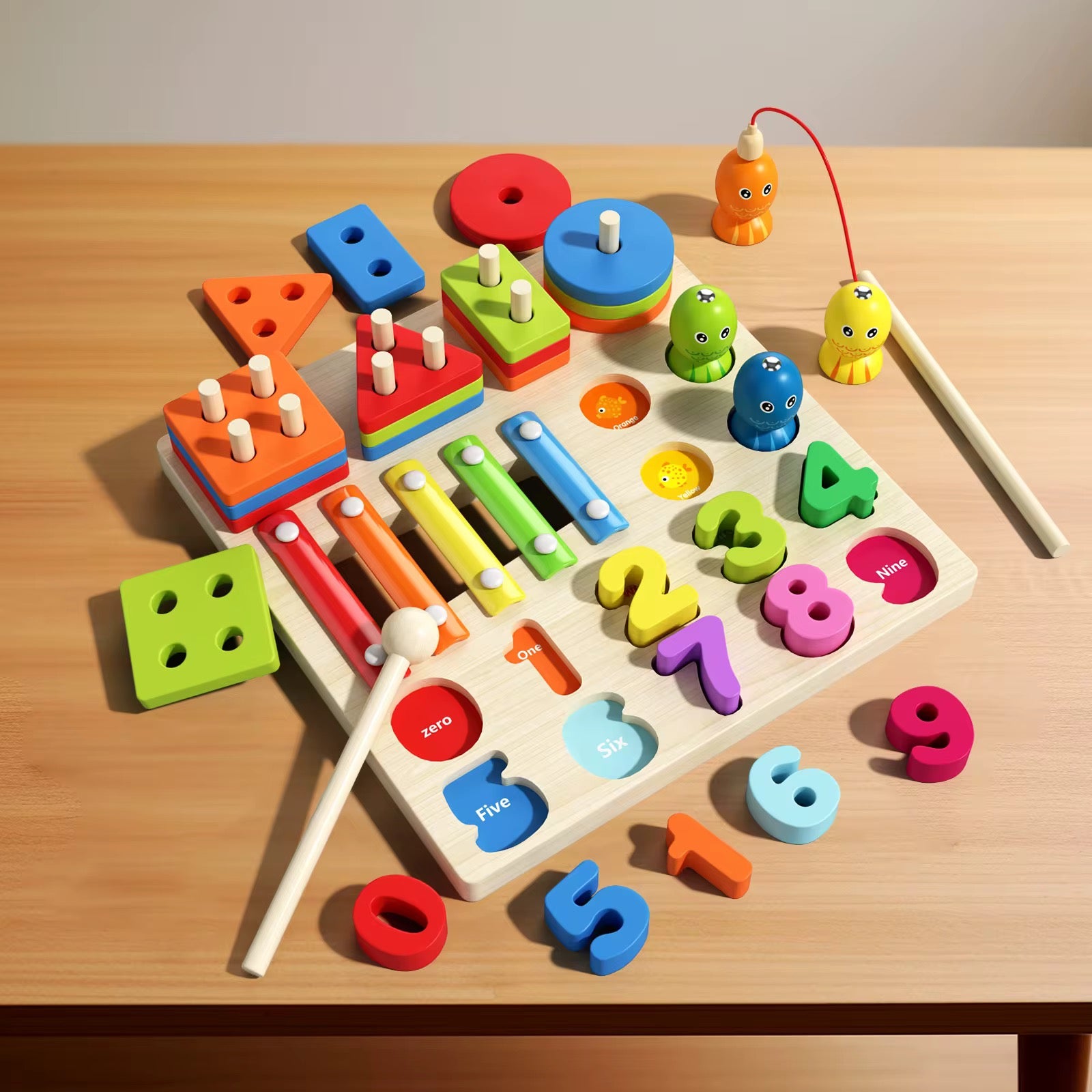 Montessori 4-in-1 Geometric Shapes Sorting & Stacking Toy – Columns Matching Blocks Set with Fishing Game, Sensory Learning, Early Education Activity Toy for Toddlers’ Intellectual Development