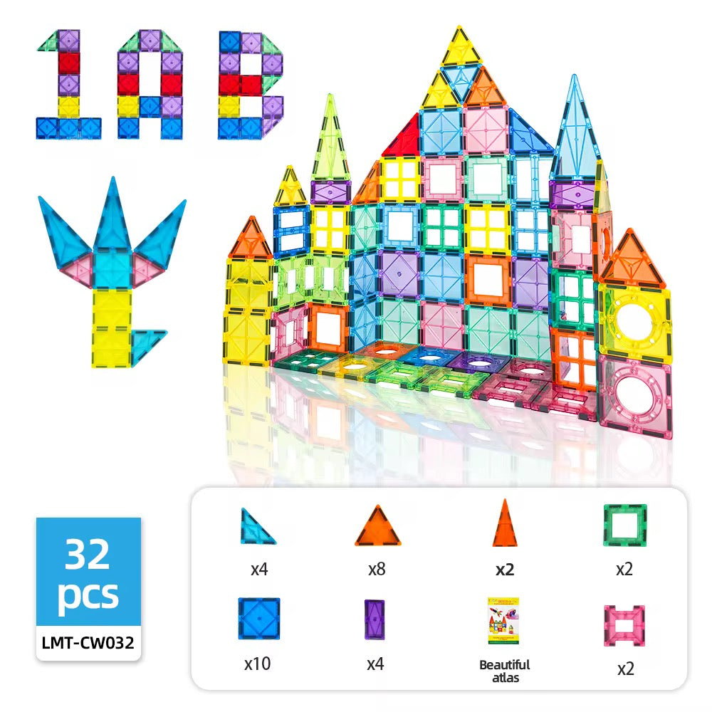 Magnetic Tiles Toys for Kids Preschool Learning, Magnetic Blocks Sensory Montessori Toys Set All Pieces, Ideal Educational Construction Gifts for 2+ Year Old Boys and Girls 32PCS